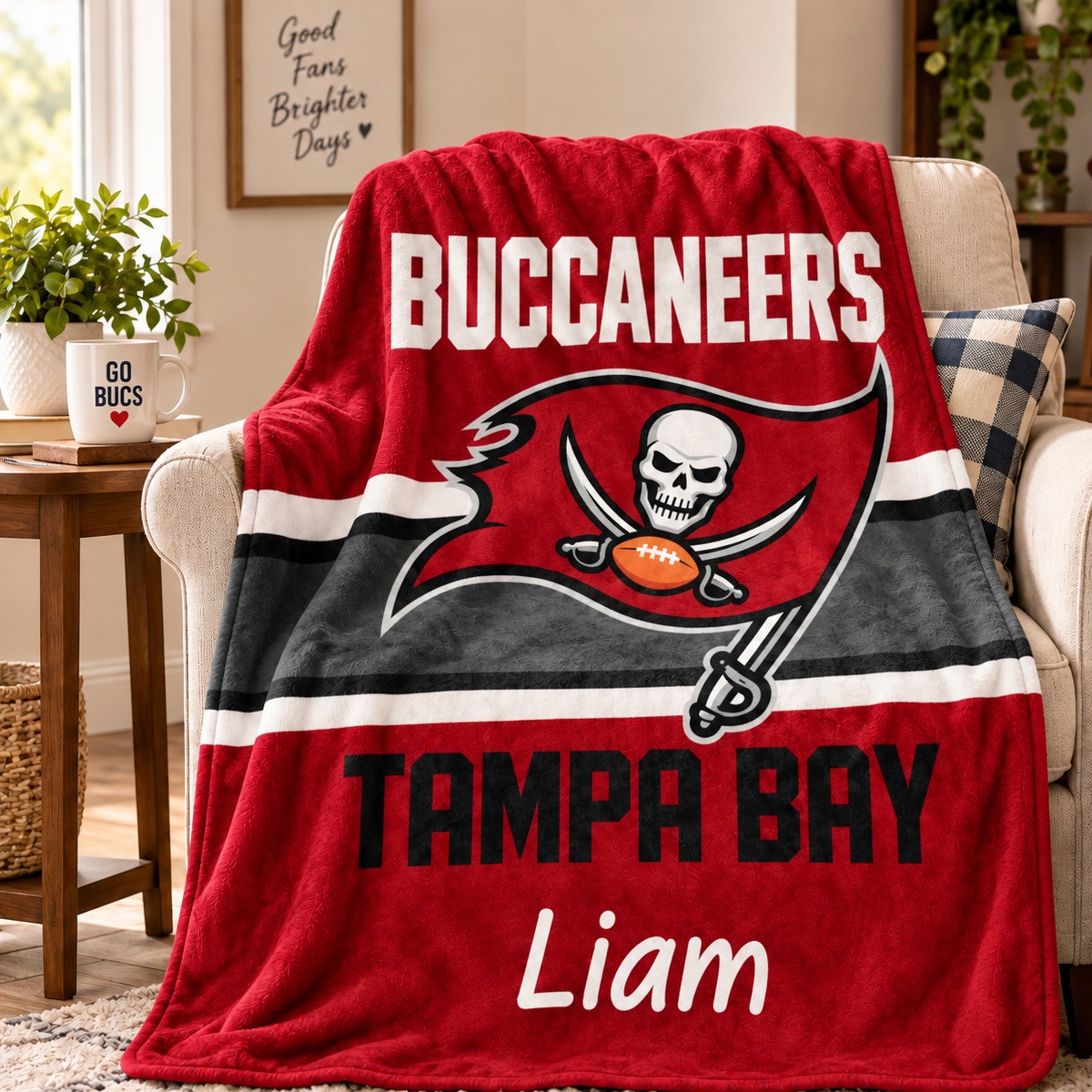 Tampa Bay Buccaneers Throw Blanket, Custom Name Sports Blanket, Red Black Game Day Gift, Football Fan Home Decor