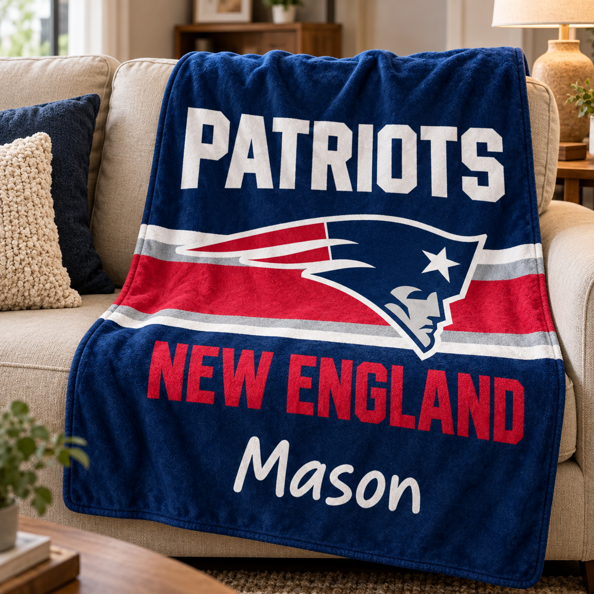 New England Patriots Throw Blanket, Custom Name Sports Blanket, Red Black Game Day Gift, Football Fan Home Decor