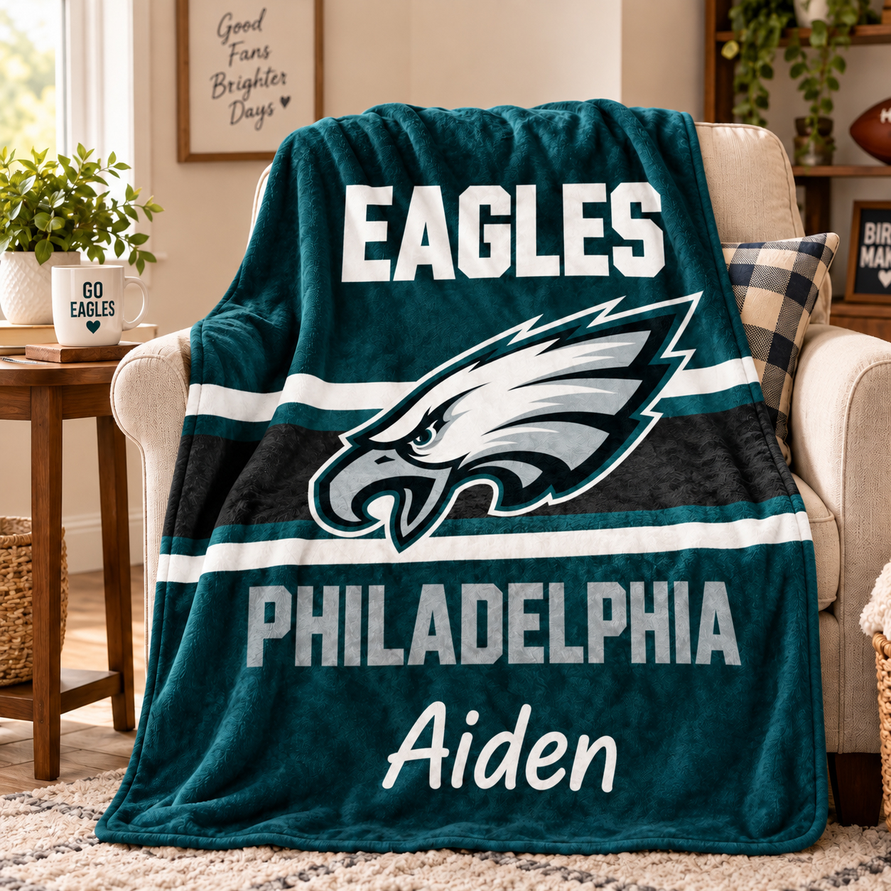 Philadelphia Eagles Throw Blanket, Custom Name Sports Blanket, Red Black Game Day Gift, Football Fan Home Decor