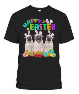 Three Pug Wearing Bunny Ear Pug Lover Happy Easter T-Shirt
