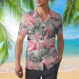 Flamingo With Gray Leaf Hawaiian Shirt
