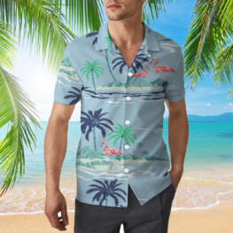 Flamingo And Palm In Blue Hawaiian Shirt