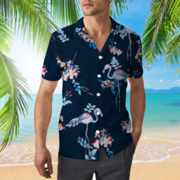 Flamingo In Navy Hawaiian Shirt