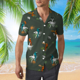 Colorful Parrot In Forest Green Hawaiian Shirt