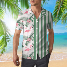 Flamingo And Green Striped Hawaiian Shirt