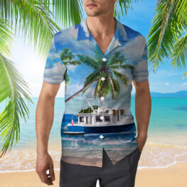 Palm Tree And Boat In Blue Hawaiian Shirt