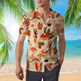 Tiki, Palm And Flamingo Hawaiian Shirt