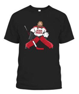 Funny Hockey Jesus Saves Hockey Goalie Graphic Tee Shirt Adult Size S-5XL
