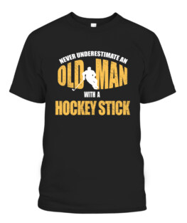 Funny Ice Hockey Player- Old Man with a Hockey Stick Graphic Tee Shirt Adult Size S-5XL