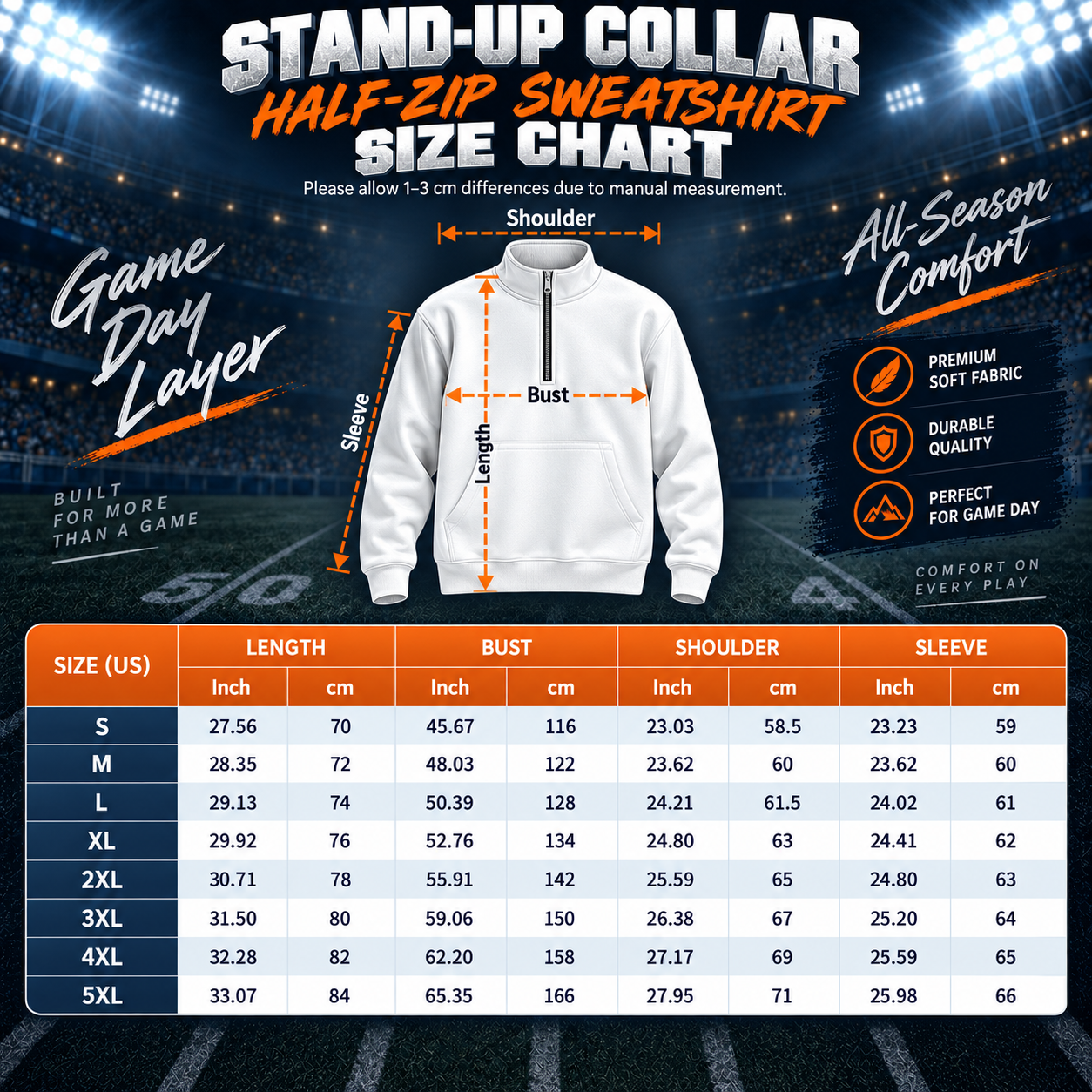 Quarter zip pullover size chart
