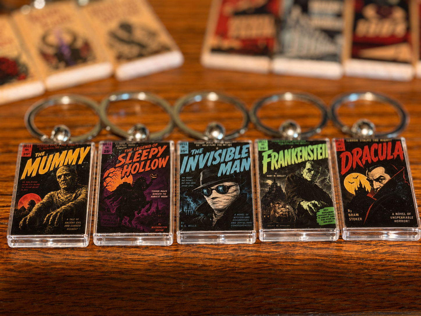 Vintage Horror Mini Book Keychain Set – Dracula, Frankenstein & Sleepy Hollow Gothic Reader Gift