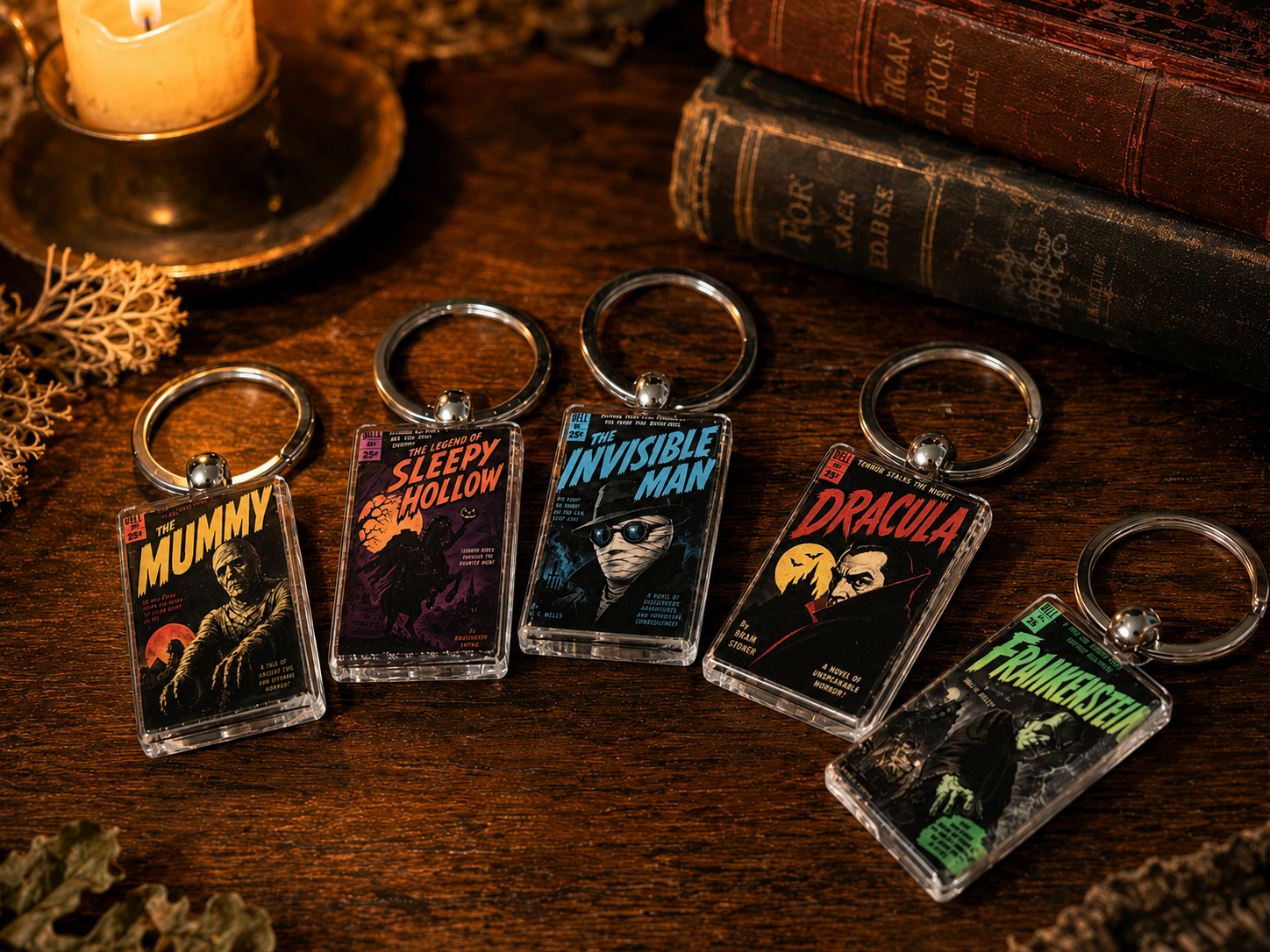 Vintage Horror Mini Book Keychain Set – Dracula, Frankenstein & Sleepy Hollow Gothic Reader Gift