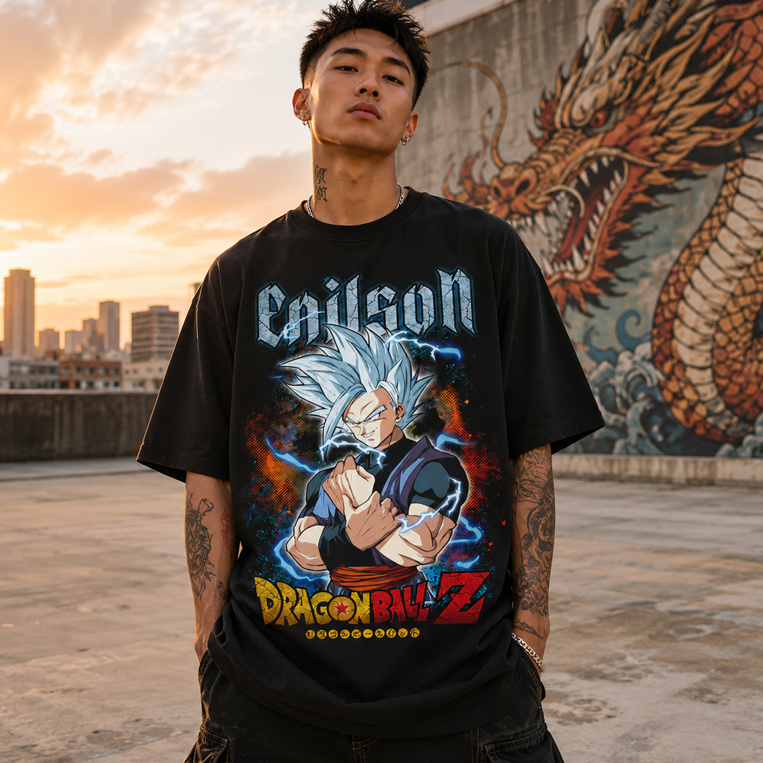 Dragon Ball Silver Hair Warrior Graphic T-Shirt, Black Oversized Anime Tee