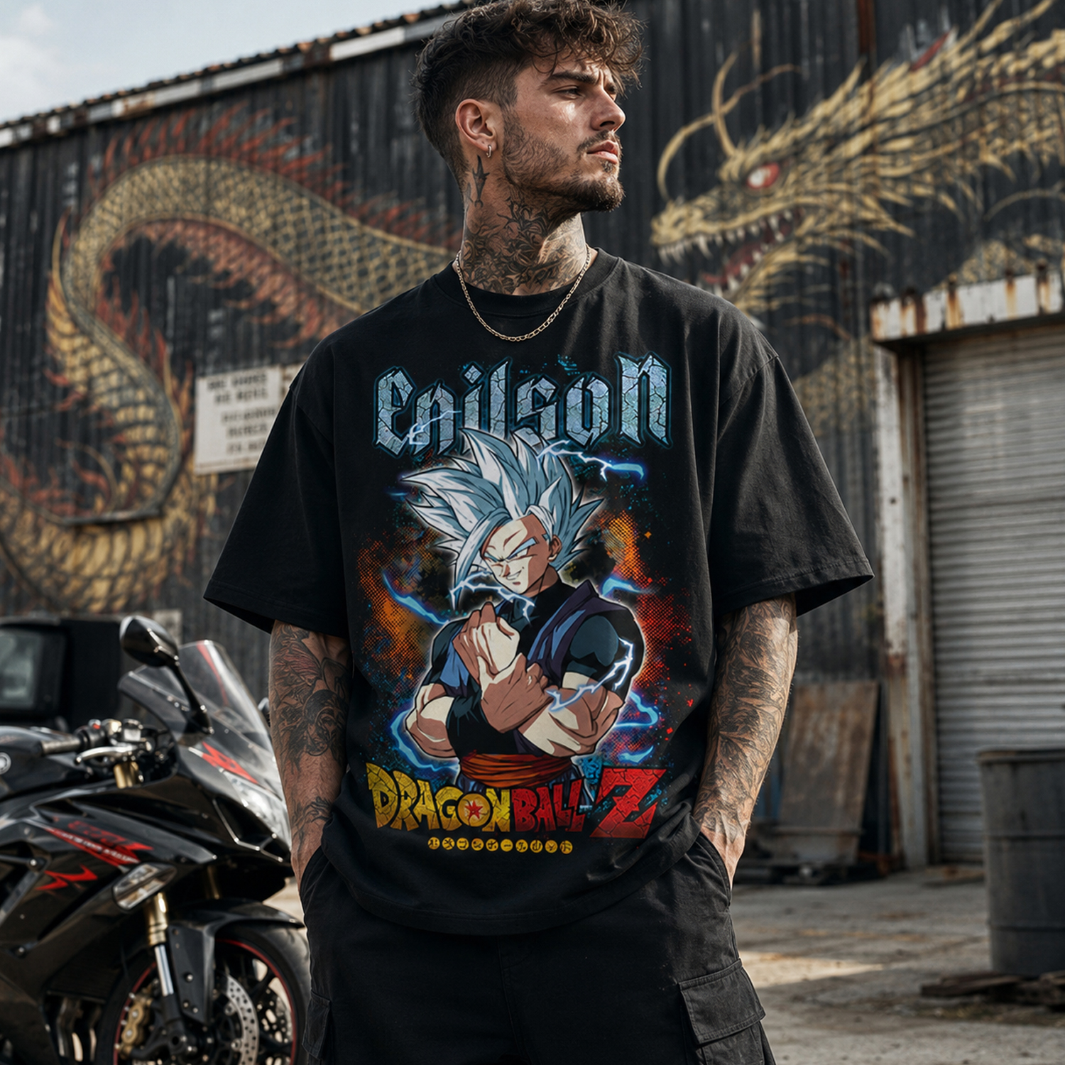 Dragon Ball Silver Hair Warrior Graphic T-Shirt, Black Oversized Anime Tee