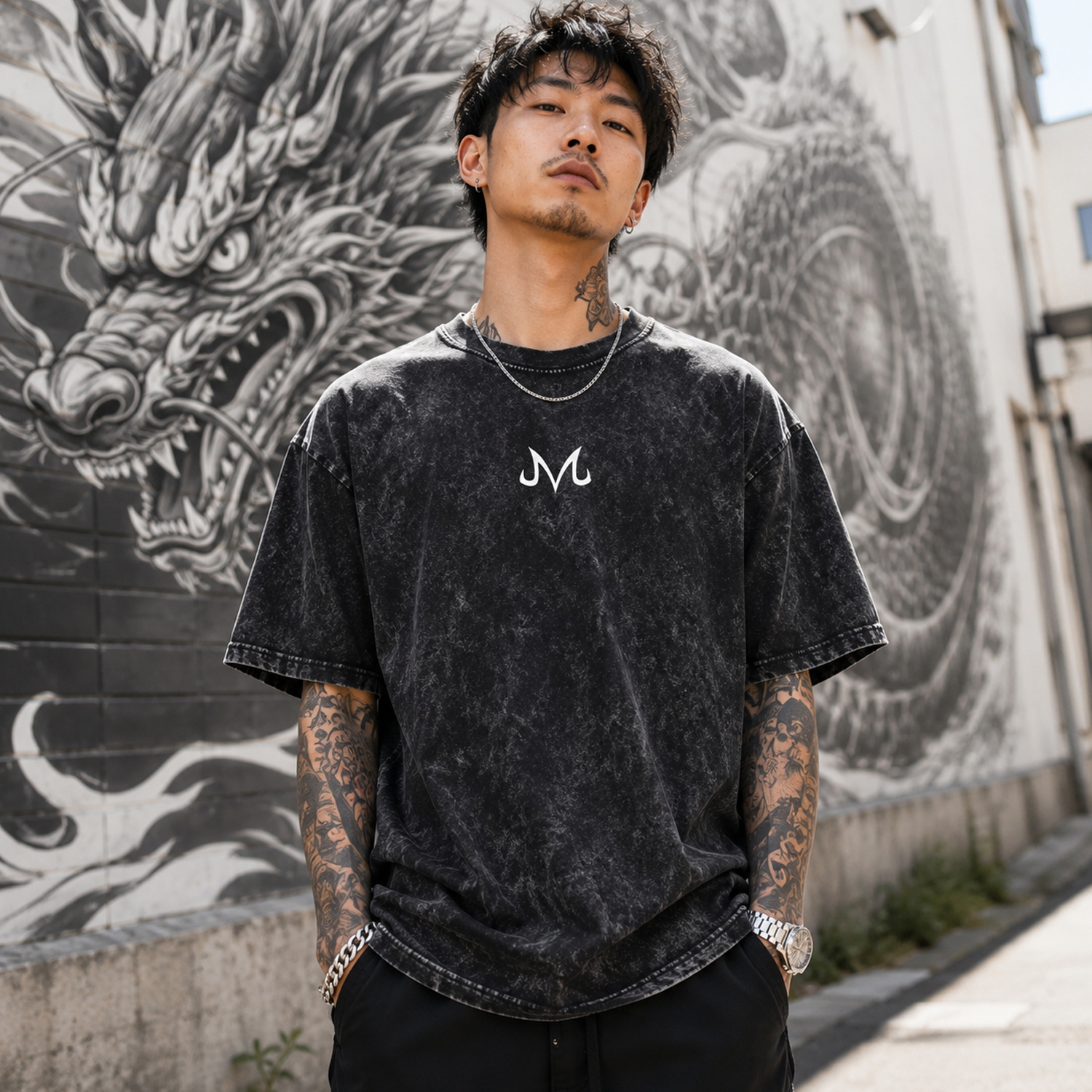 Vintage Wash Anime Fighter Shirt, Black Oversized Front and Back Graphic Tee