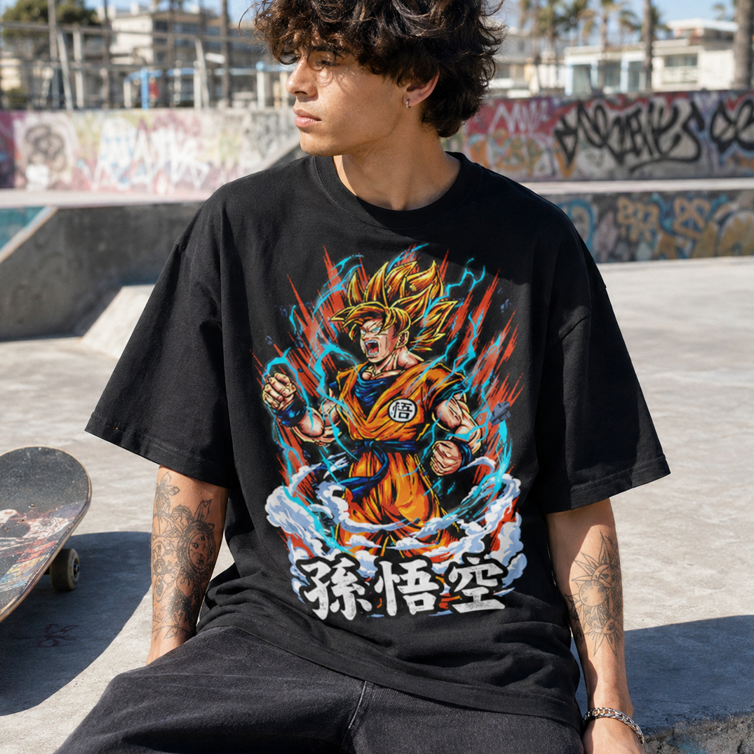 Golden Hair Anime Warrior T-Shirt, Black Japanese Graphic Streetwear Tee