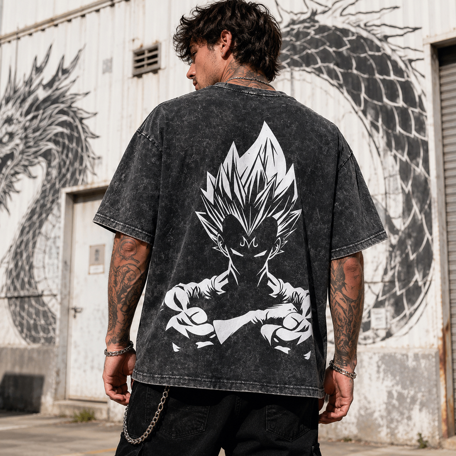 Vintage Wash Anime Fighter Shirt, Black Oversized Front and Back Graphic Tee