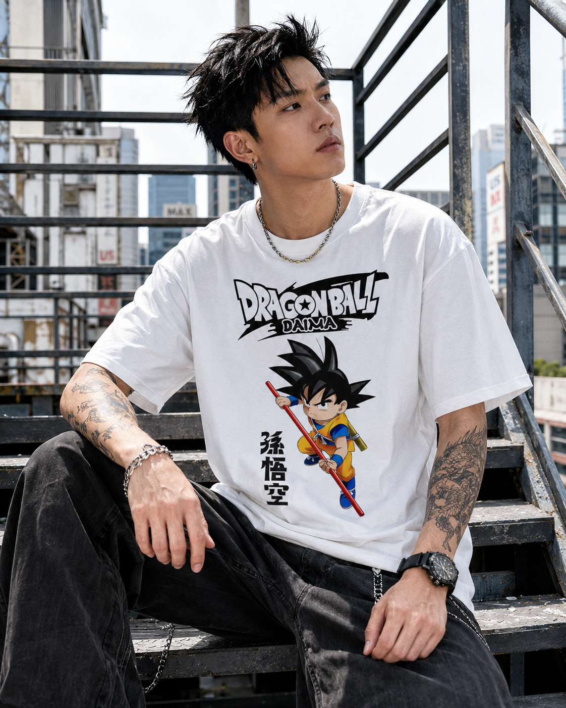White Unisex Anime Graphic Tee  Kid Goku Kanji T-Shirt