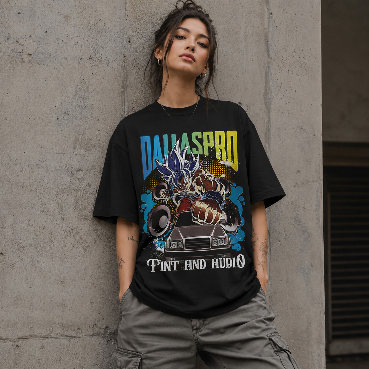 Anime Warrior Car Audio Graphic T-Shirt, Black Oversized Streetwear Tee