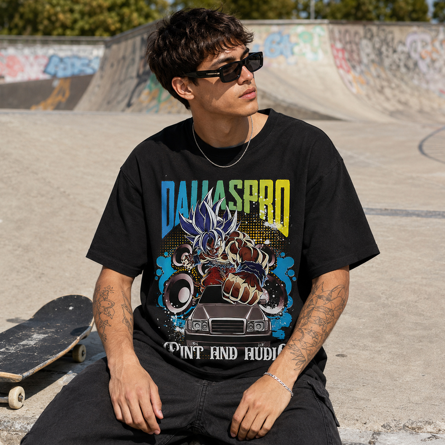 Anime Warrior Car Audio Graphic T-Shirt, Black Oversized Streetwear Tee
