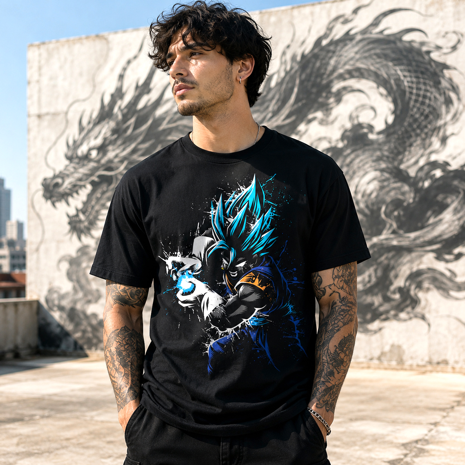 Blue Hair Anime Fighter T-Shirt, Black Energy Graphic Streetwear Tee