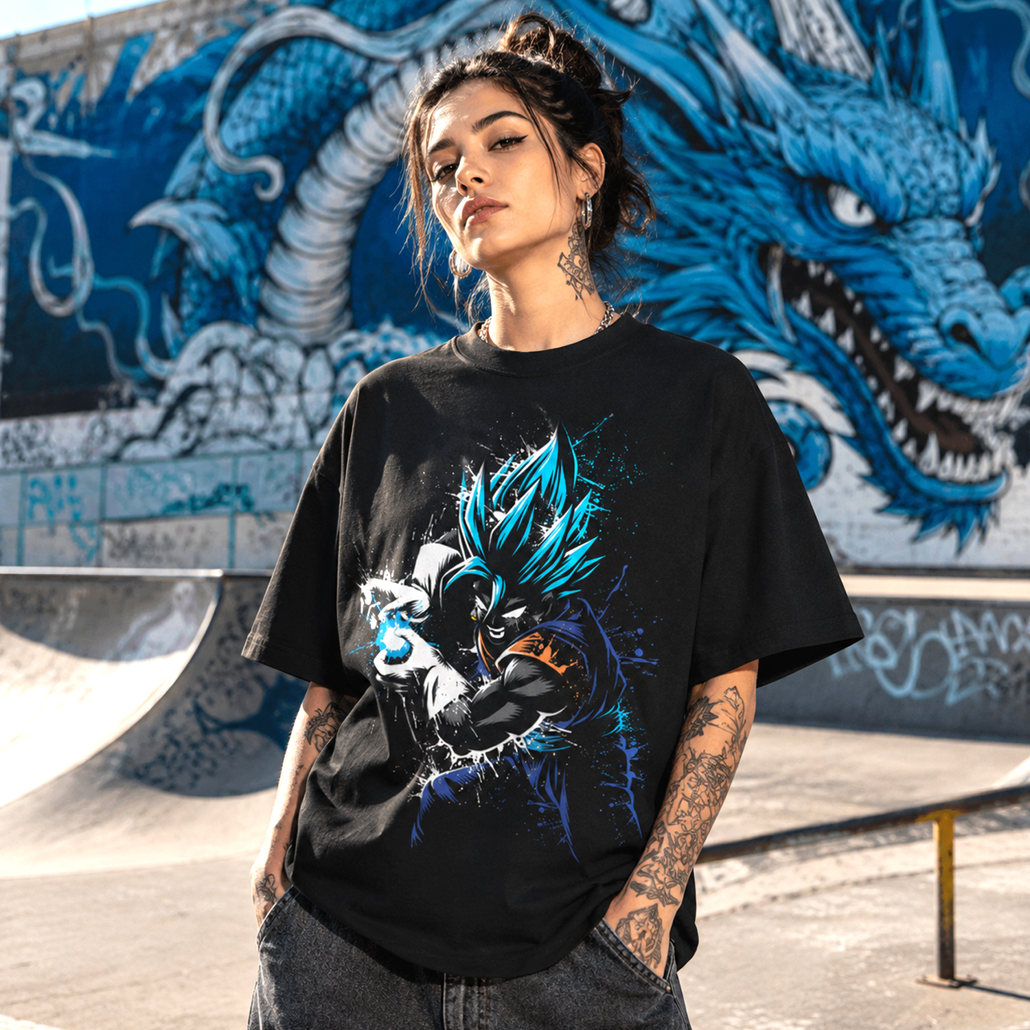 Blue Hair Anime Fighter T-Shirt, Black Energy Graphic Streetwear Tee