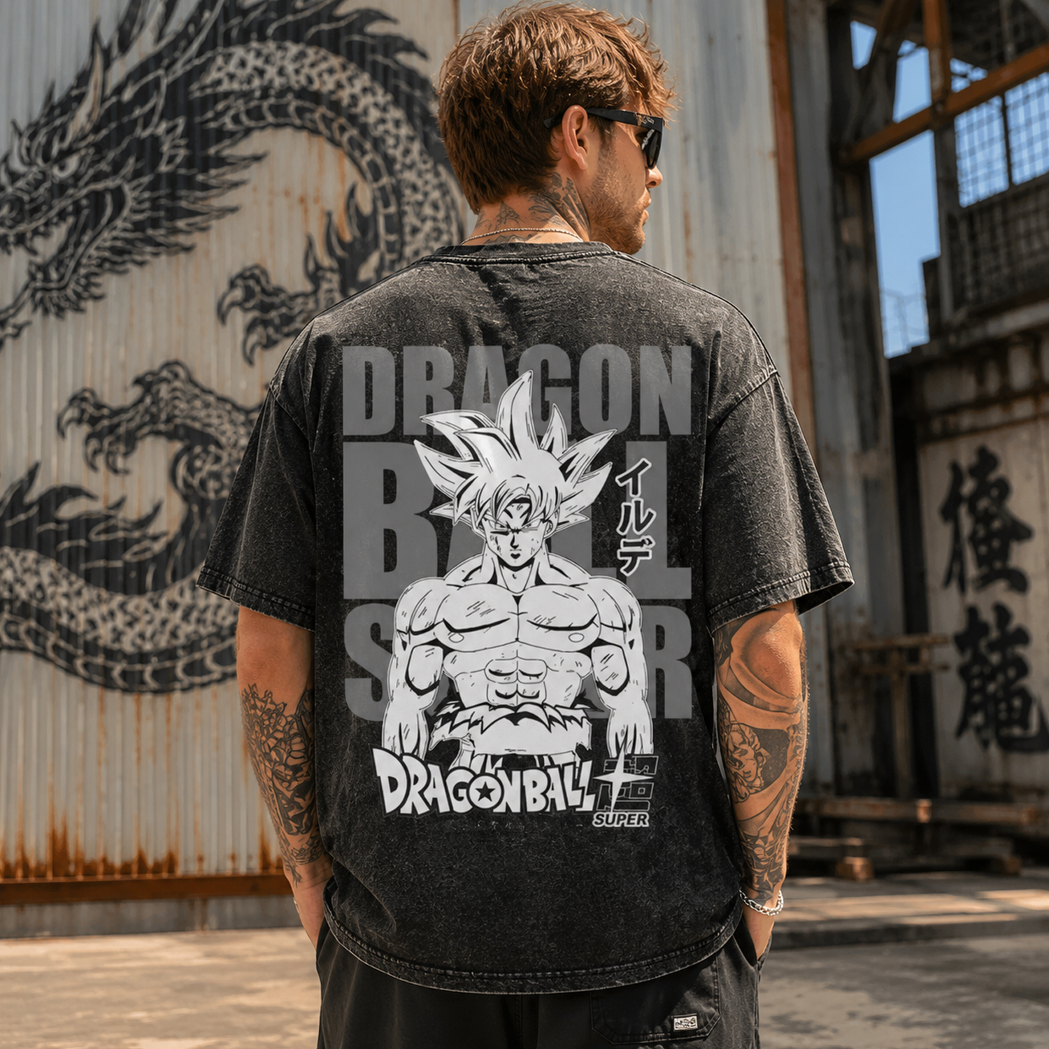 Black Acid Wash Anime Warrior Shirt, Front and Back Graphic Oversized Tee
