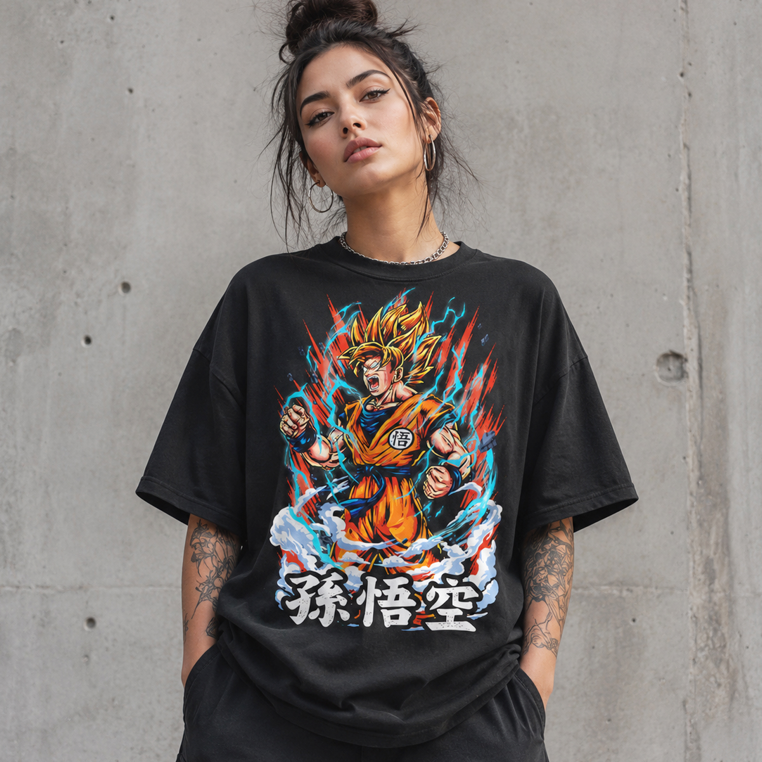 Golden Hair Anime Warrior T-Shirt, Black Japanese Graphic Streetwear Tee