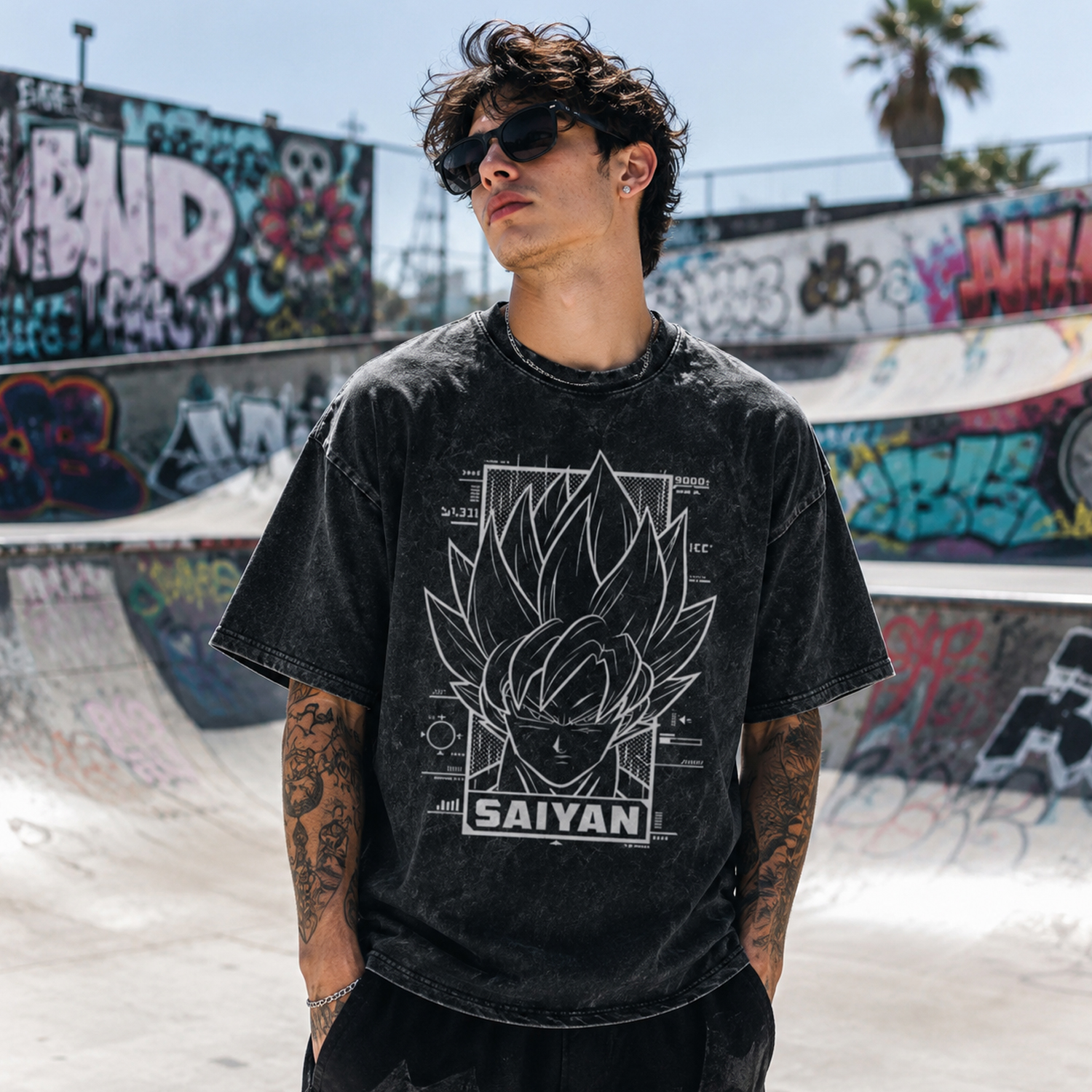 Black Acid Wash Anime Warrior Shirt, Front and Back Graphic Oversized Tee
