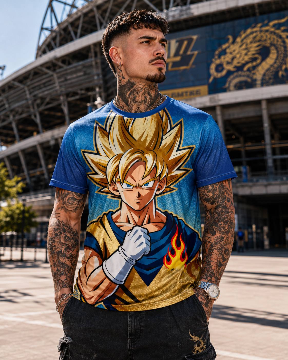 Goku Number 7 Anime Jersey, Blue and Gold Super Saiyan Graphic Shirt