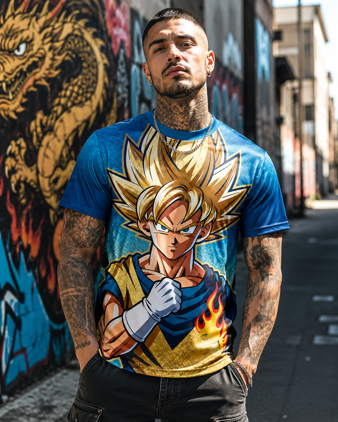 Goku Number 7 Anime Jersey, Blue and Gold Super Saiyan Graphic Shirt