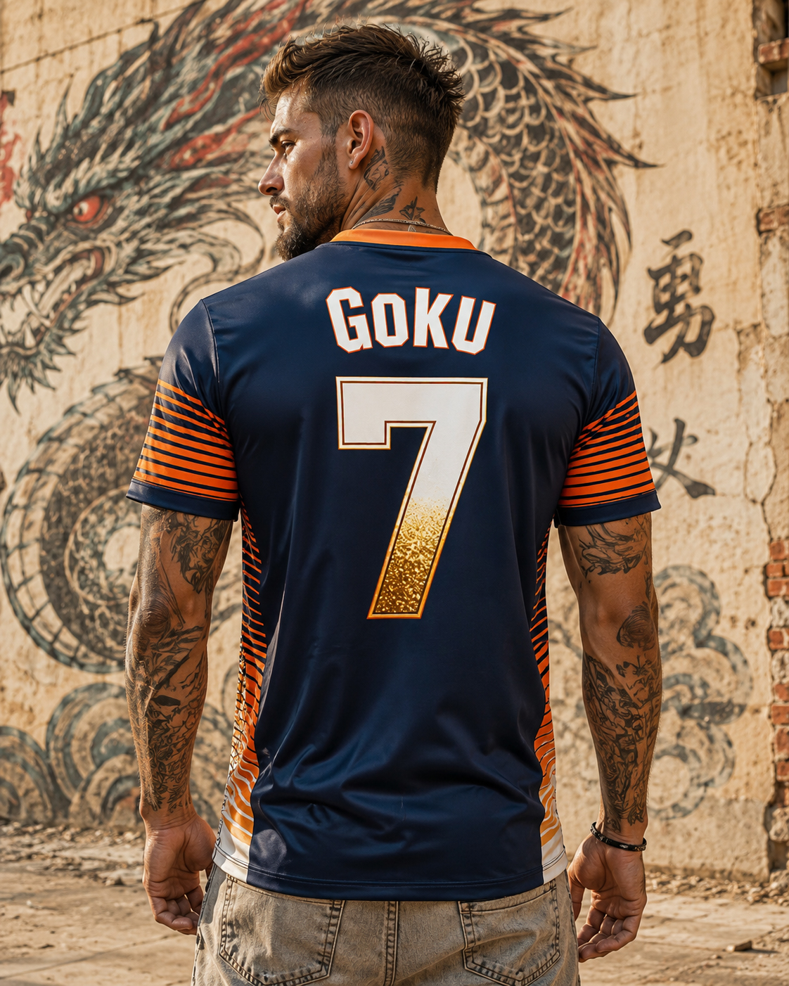 Goku Number 7 Anime Jersey, Navy Blue and Orange Super Saiyan Shirt