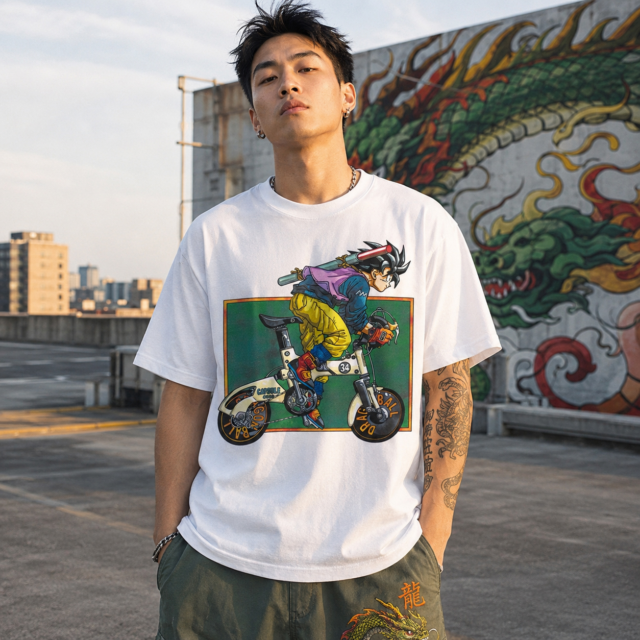 Goku Capsule Bike Shirt, Retro Anime Bicycle Graphic Tee, Unisex White Manga T-Shirt