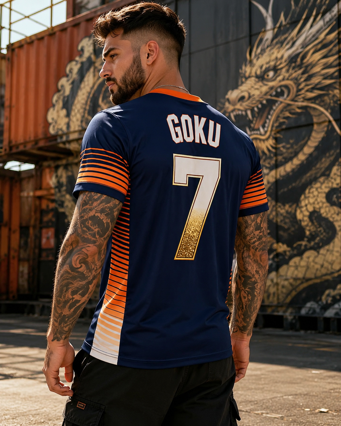 Goku Number 7 Anime Jersey, Navy Blue and Orange Super Saiyan Shirt
