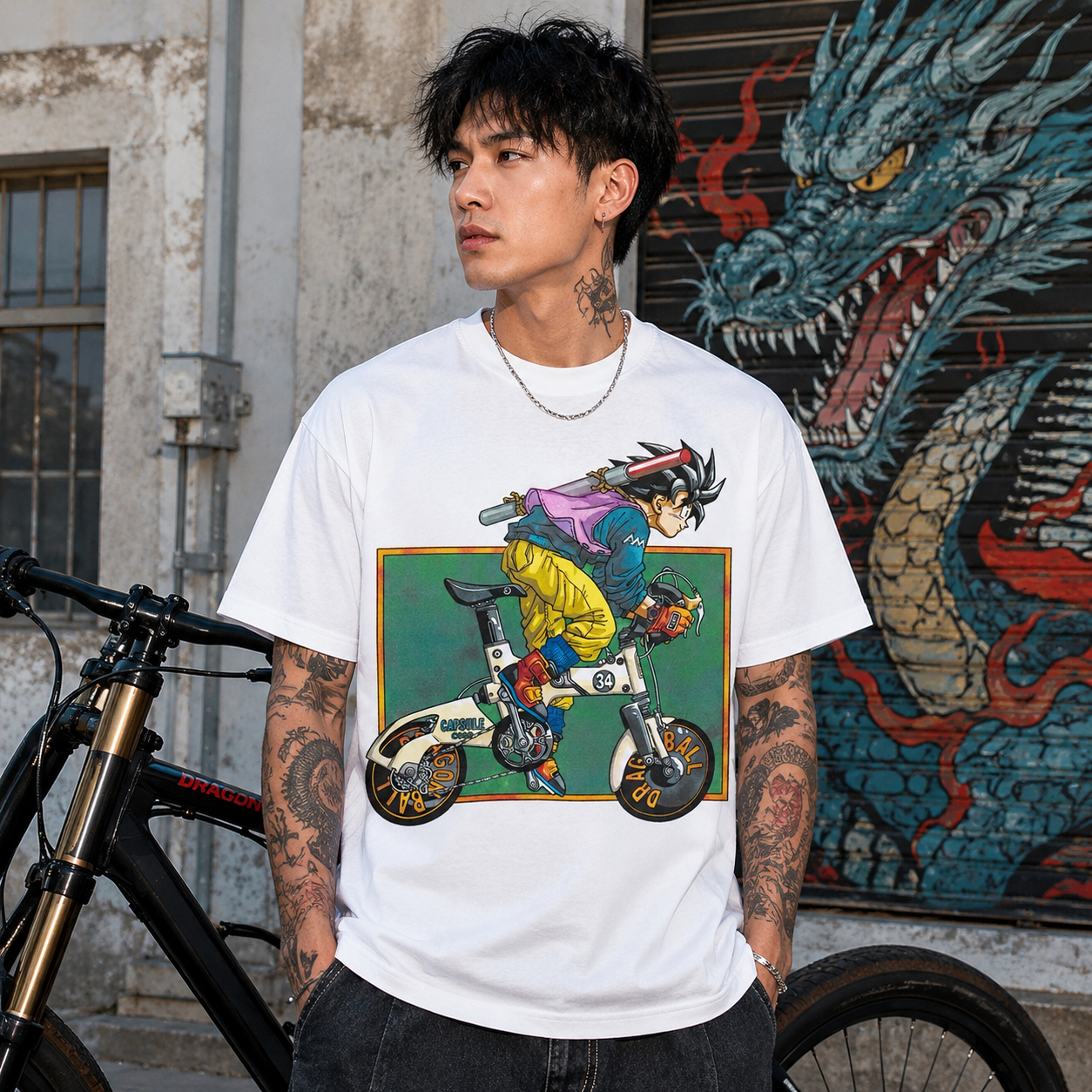 Goku Capsule Bike Shirt, Retro Anime Bicycle Graphic Tee, Unisex White Manga T-Shirt