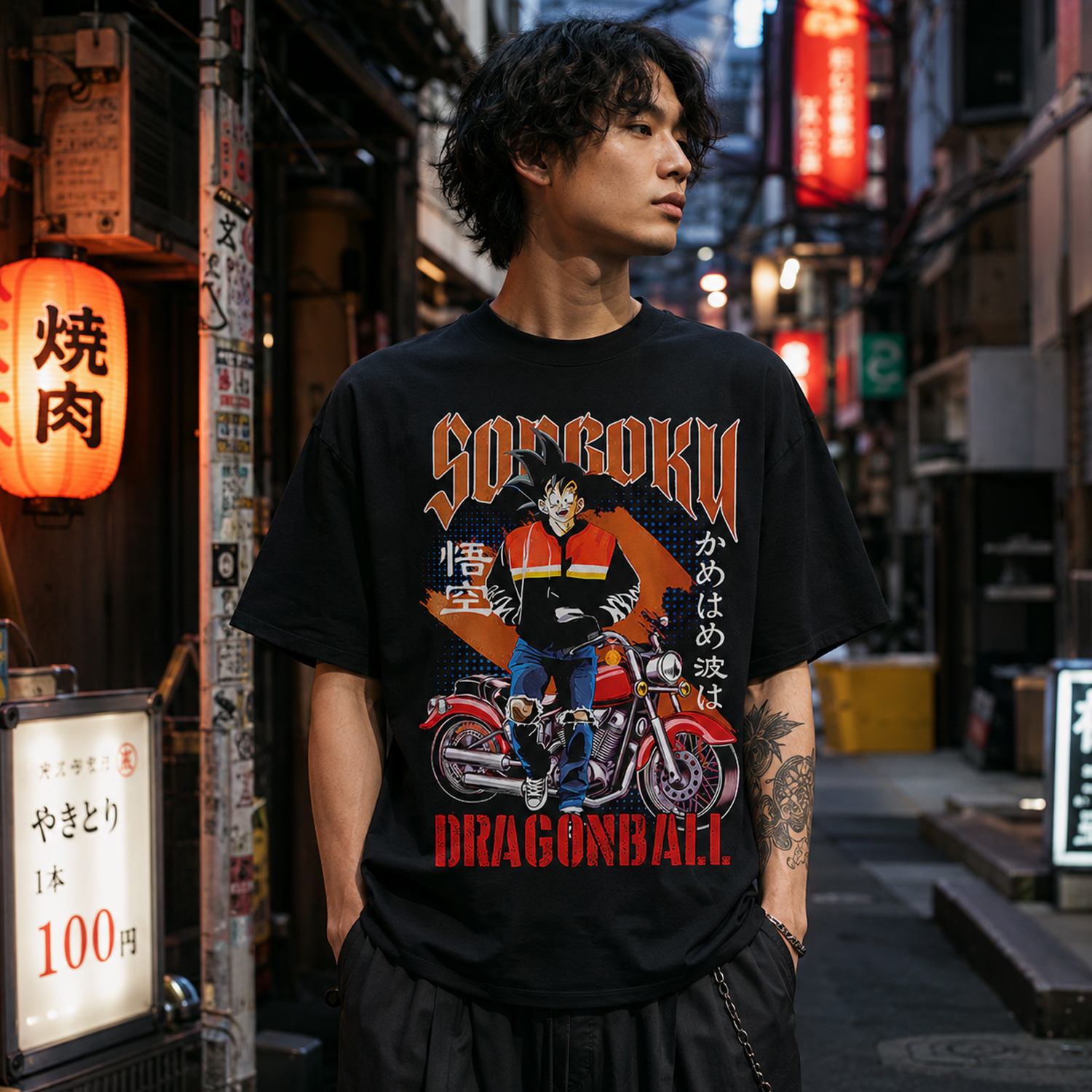 Goku Biker Graphic T-Shirt, Retro Anime Motorcycle Tee, Unisex Black Streetwear Shirt