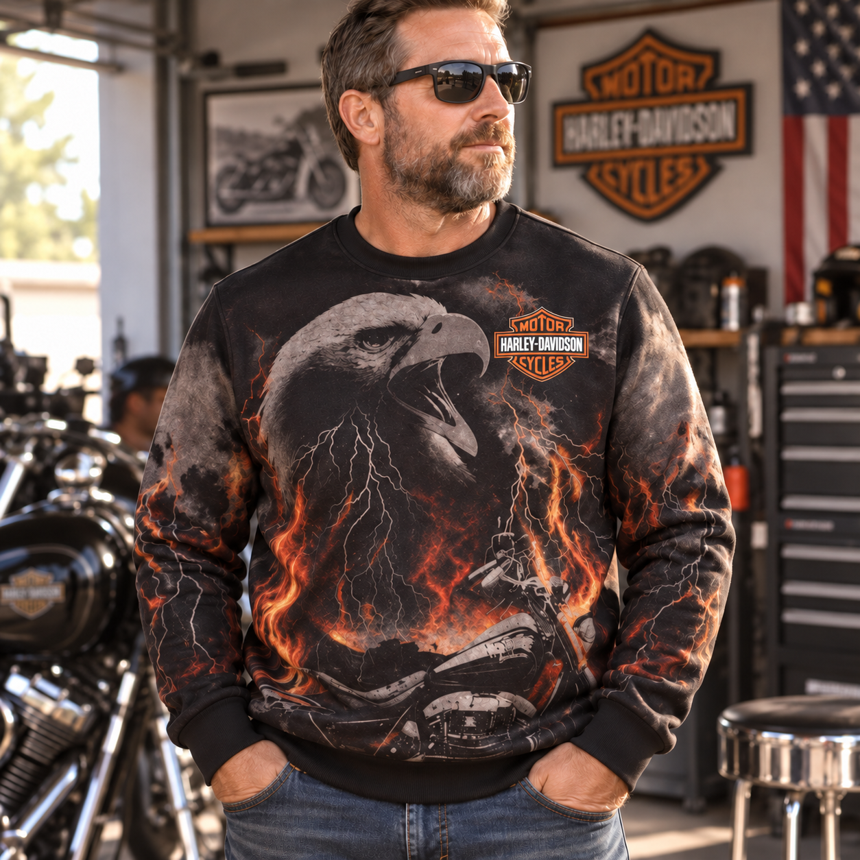 Harley-Davidson | Lightning Screaming Eagle Motorcycle Fire Flame Biker Sweatshirt Pullover