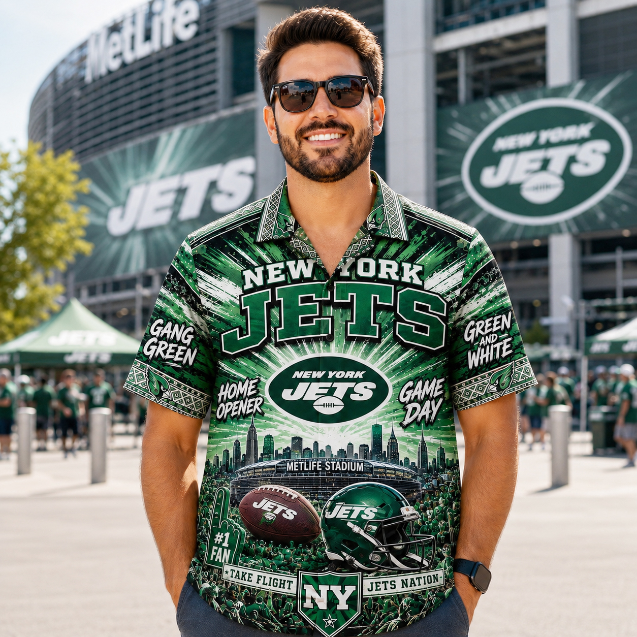 New York Jets Hawaiian Shirt, Football Fan Button Up Shirt, Green Game Day Aloha Shirt, Unisex Tailgate Gift