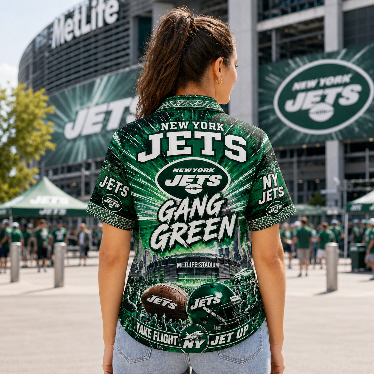 New York Jets Hawaiian Shirt, Football Fan Button Up Shirt, Green Game Day Aloha Shirt, Unisex Tailgate Gift