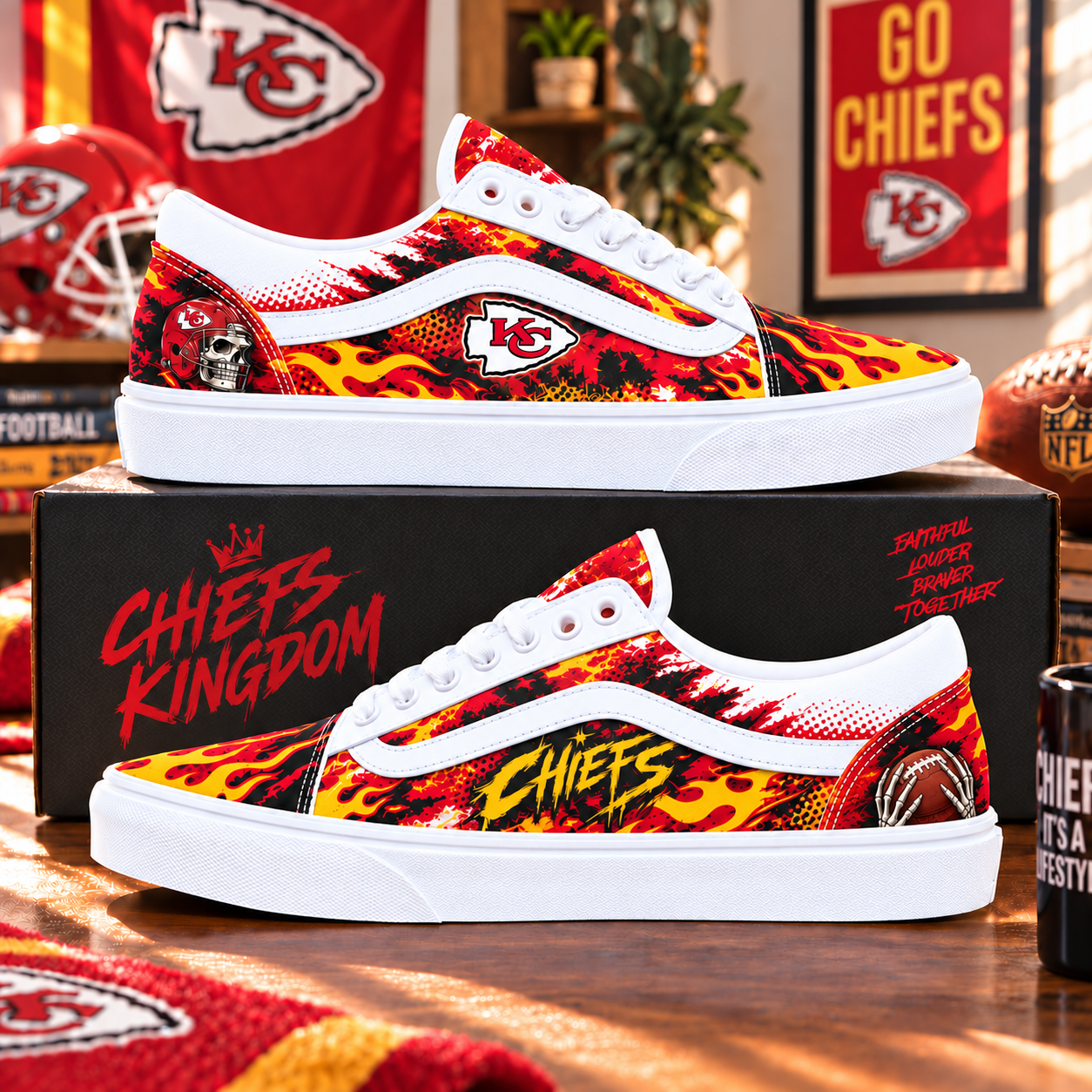Kansas City Chiefs | Chiefs Kingdom Flame Fire Football Low Top Canvas Shoes