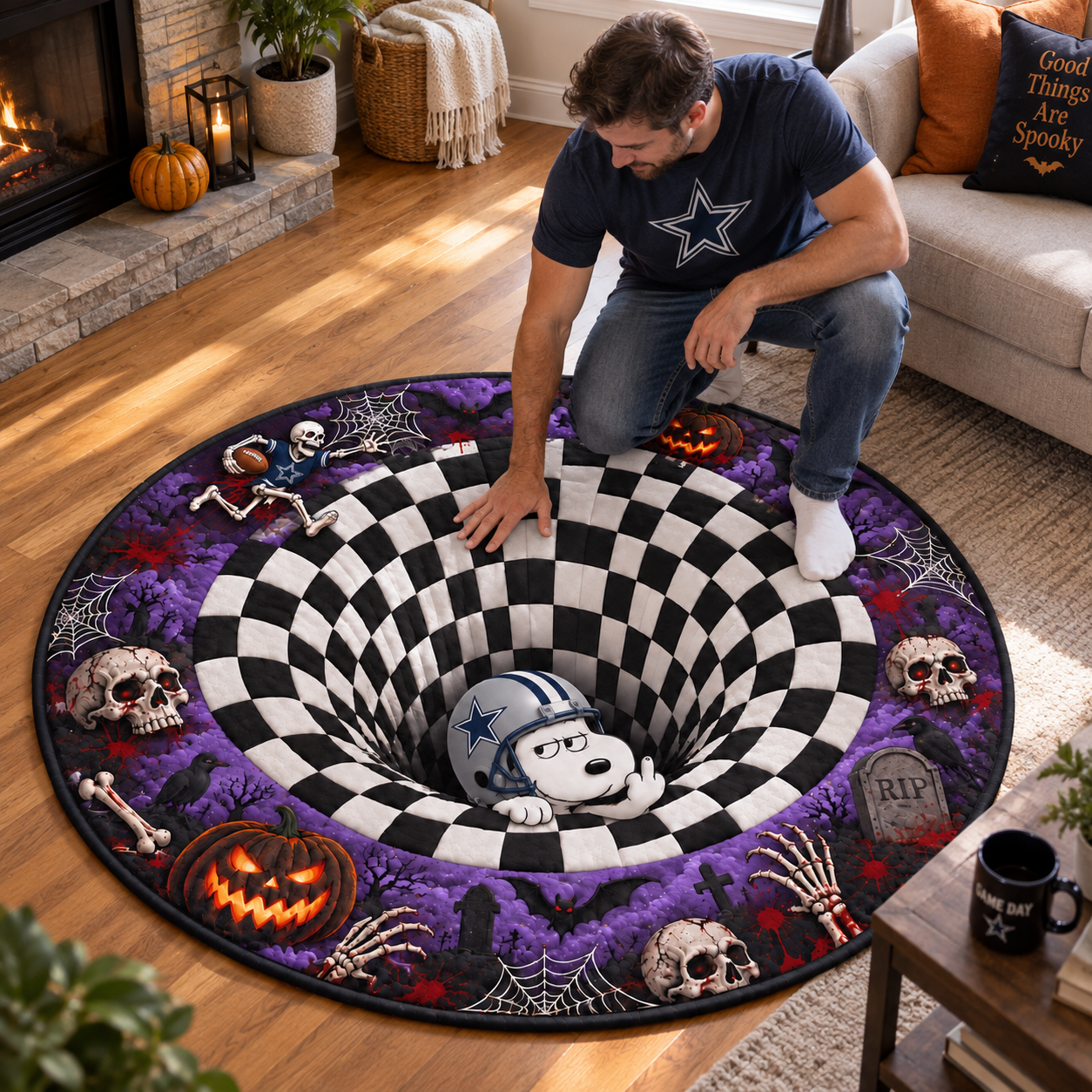 Dallas Cowboys | Snoopy 3D Vortex Illusion Halloween Round Quilted Floor Mat Carpet Rug