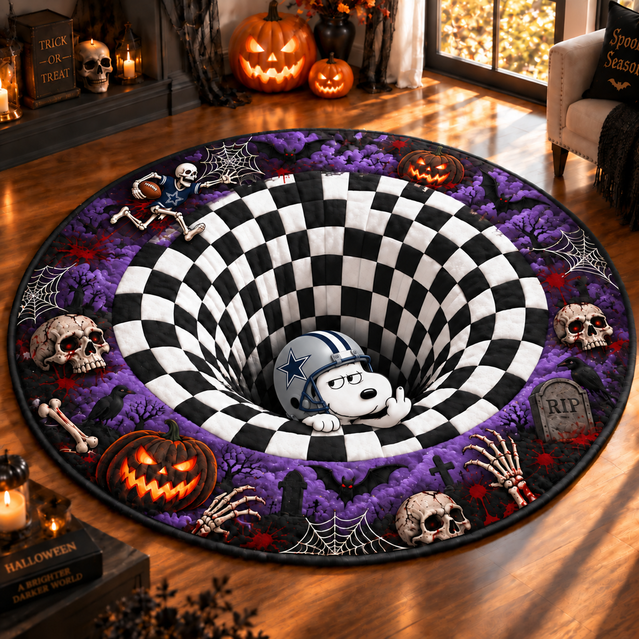 Dallas Cowboys | Snoopy 3D Vortex Illusion Halloween Round Quilted Floor Mat Carpet Rug