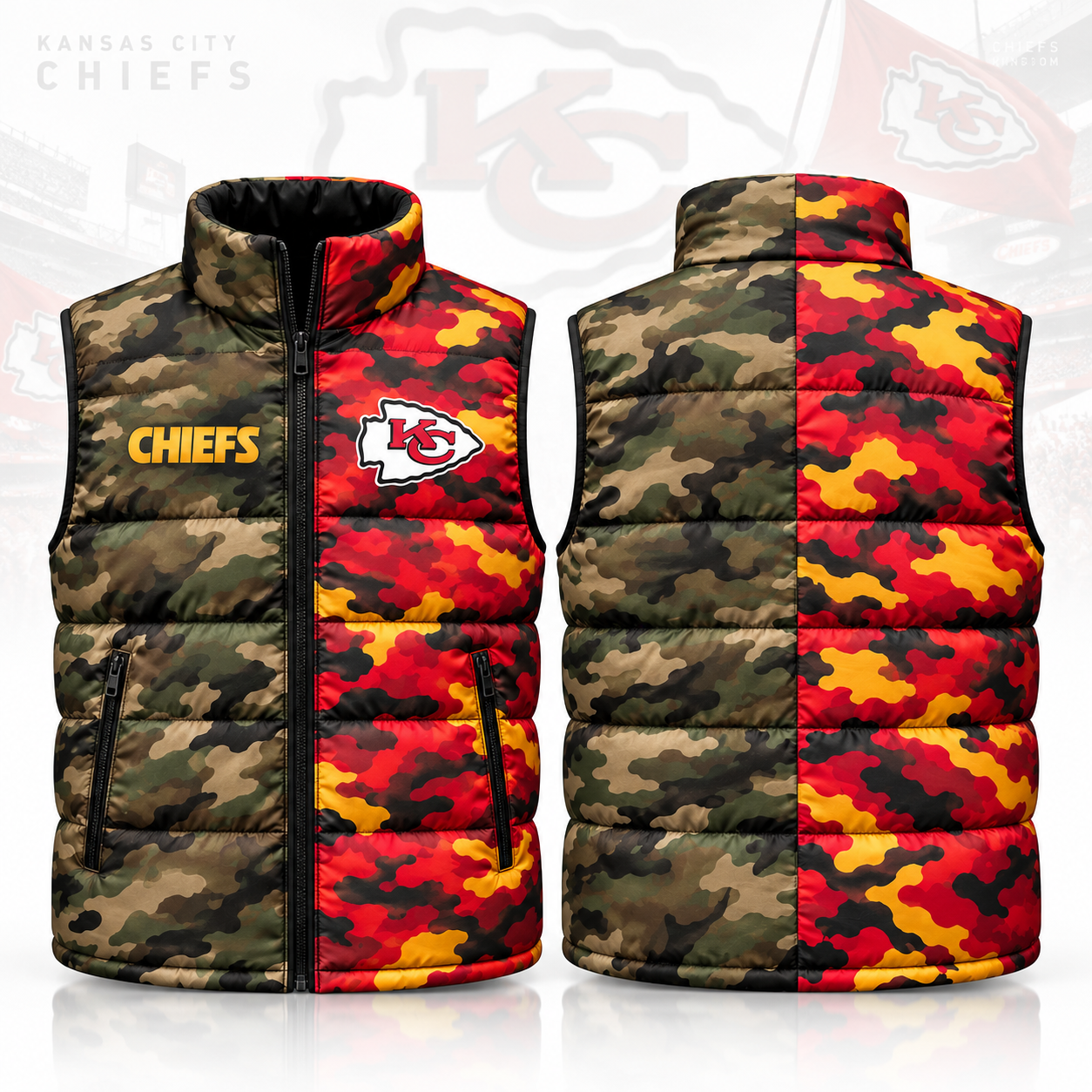 Kansas City Chiefs | Split Half Camouflage Unisex Men Women Winter Down Puffer Vest Jacket