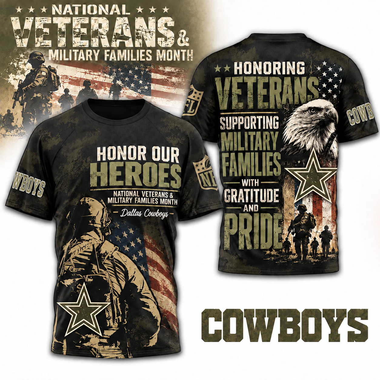 Dallas Cowboys | National Veterans & Military Families Month Camo 3D T-Shirt