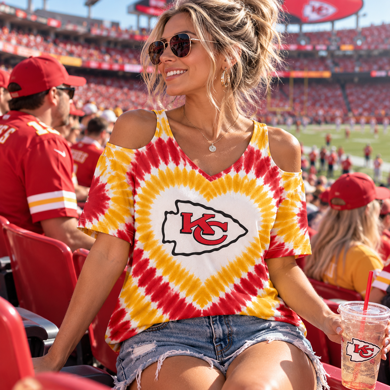 Kansas City Chiefs | Heart Tie Dye Cold Shoulder V-Neck Women Short Sleeve Shirt