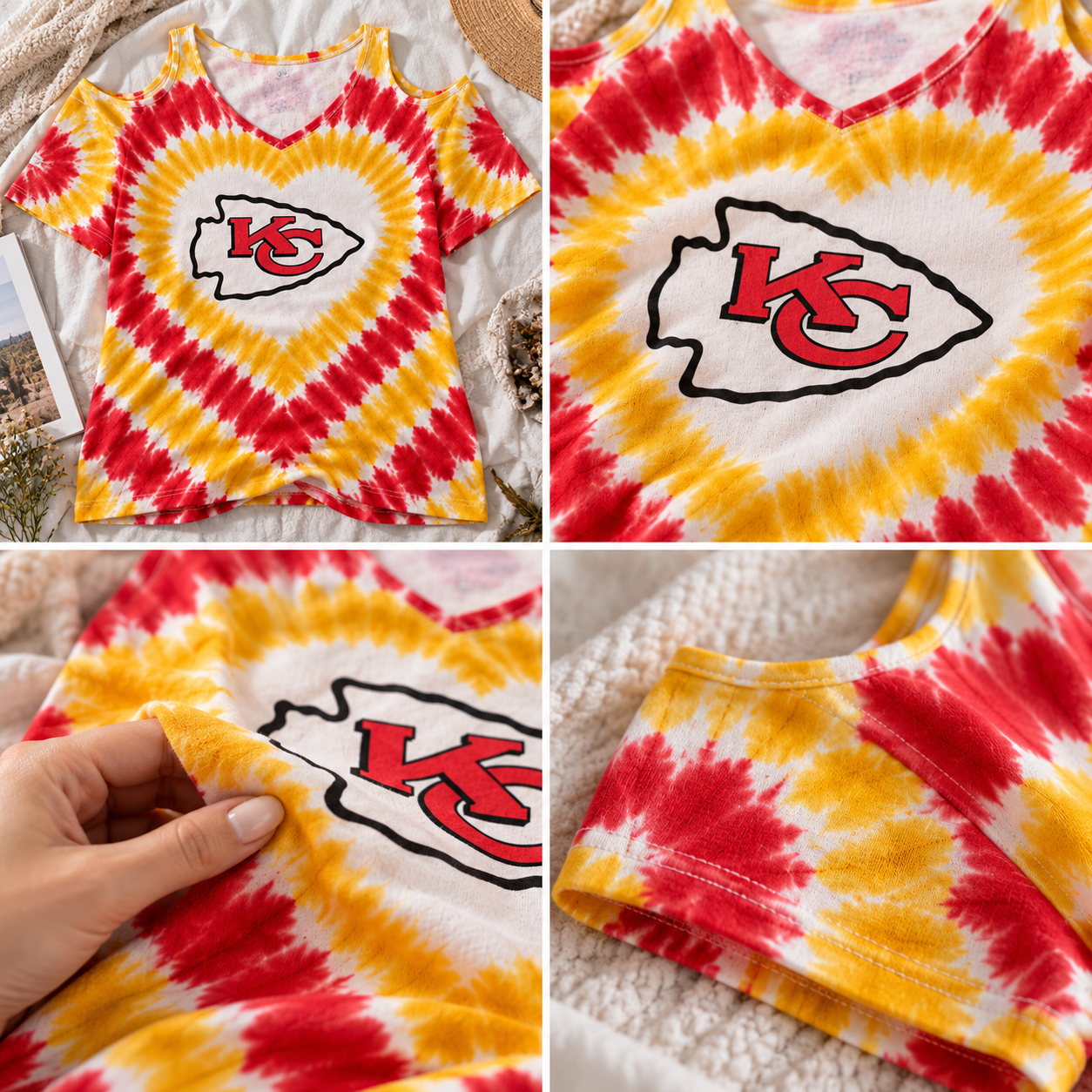 Kansas City Chiefs | Heart Tie Dye Cold Shoulder V-Neck Women Short Sleeve Shirt