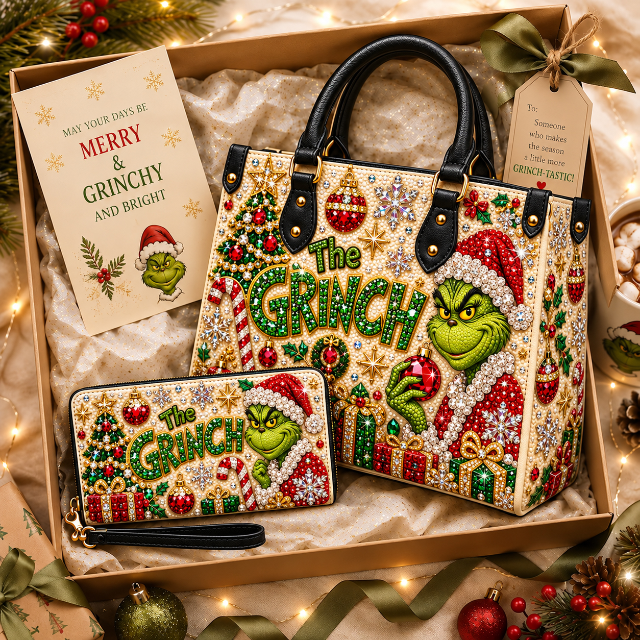 The Grinch Christmas PU Leather Handbag, Festive Holiday Tote Bag, Green Character Christmas Purse, Gift for Women