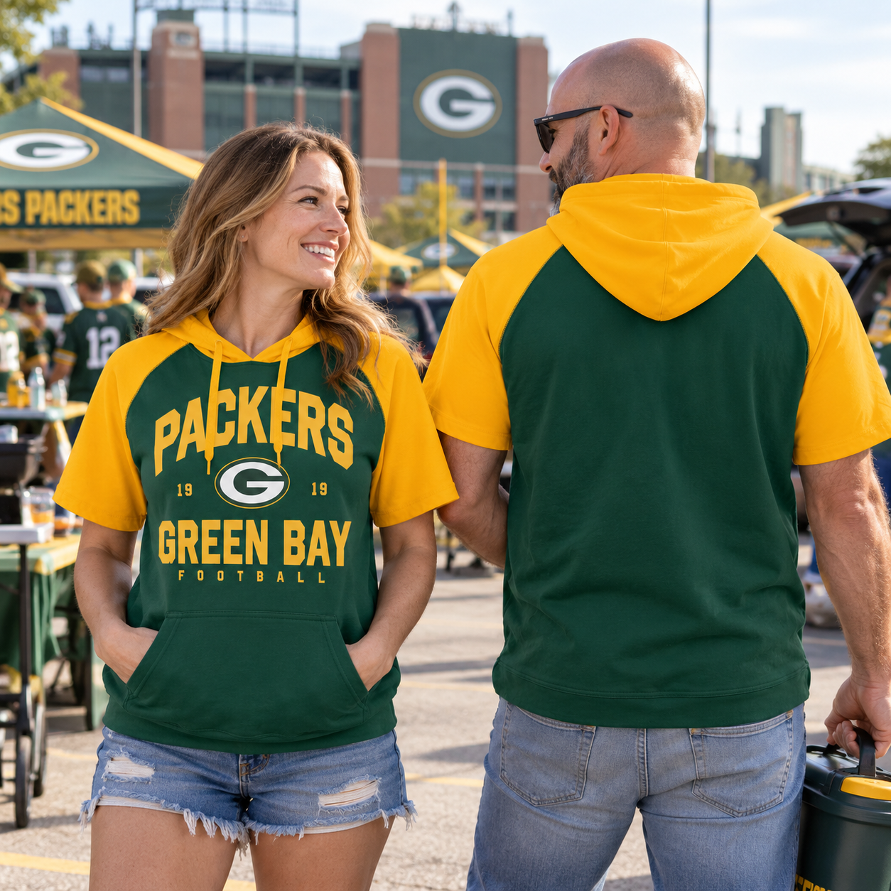 Green Bay Packers | Raglan Colorblock Unisex Short Sleeve Hoodie Pullover Sweatshirt