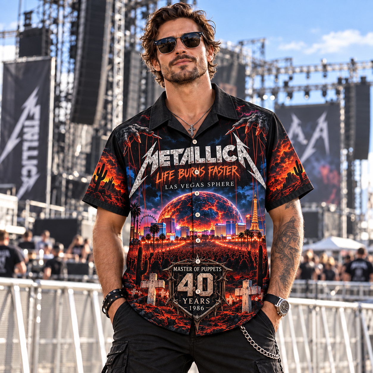 Metallica Master of Puppets 40th Anniversary Hawaiian Shirt, Life Burns Faster Las Vegas Sphere Shirt, Heavy Metal Concert Button Up