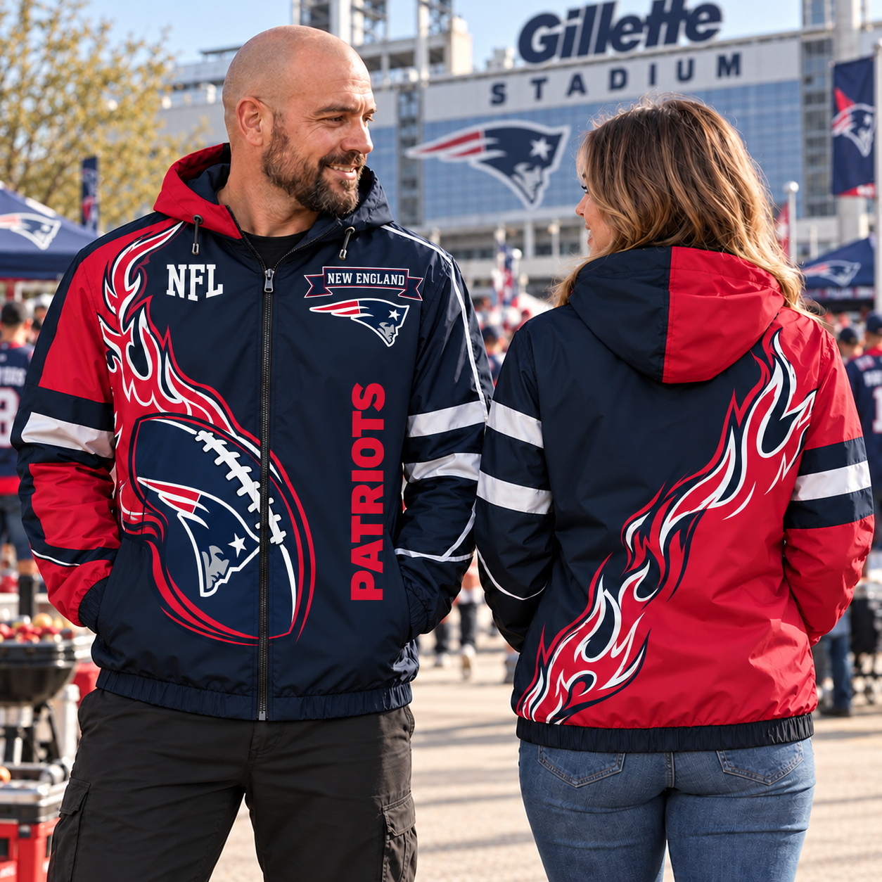 New England Patriots | Flame Football Unisex Waterproof Lined Hooded Jacket Windbreaker